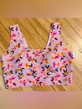 PINK Floral Sports Bra - Pink with Yellow & Magenta Flowers